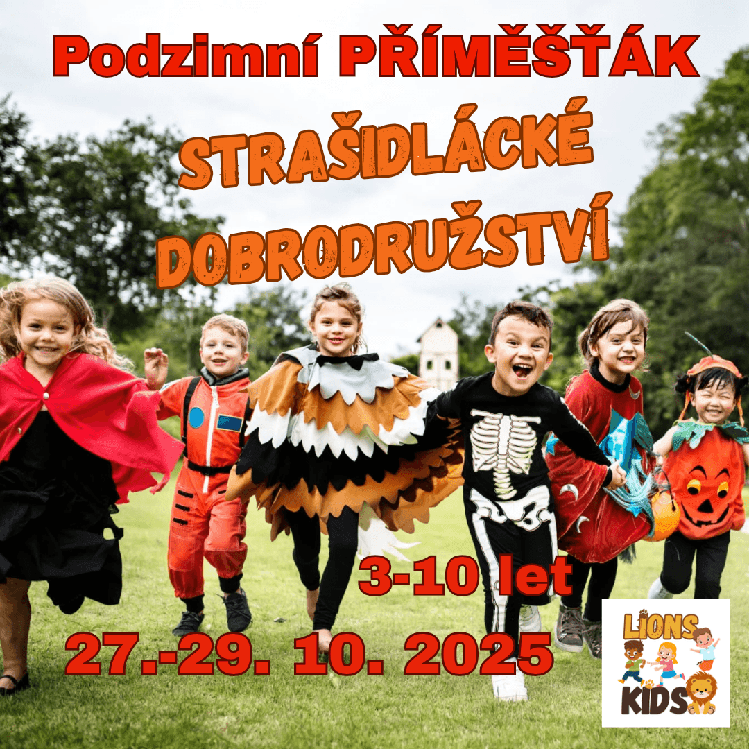 Children in various Halloween costumes running on grass with autumn event details and Lions Kids logo displayed.